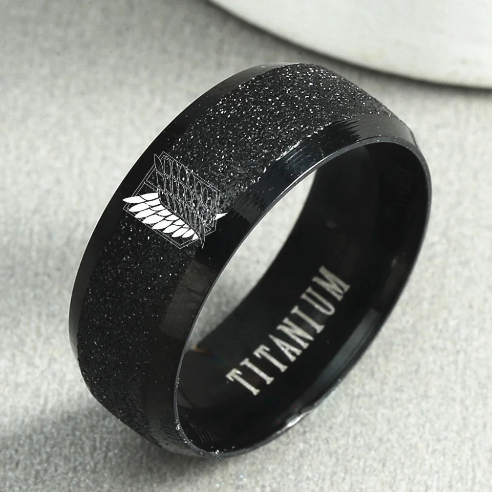 8mm Attack on Titan Stainless Steel Ring – Black & Silver Wings of Liberty Flag Jewelry