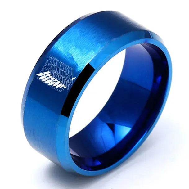 Attack on Titan Ring aus Edelstahl mit schwarzer Splitterfarbe und Freiheitsflagge