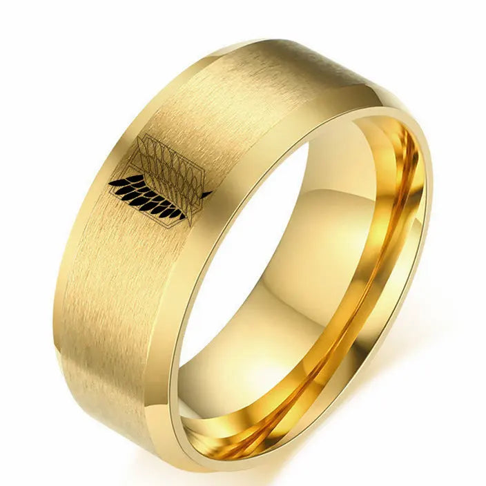 Attack on Titan Ring aus Edelstahl mit schwarzer Splitterfarbe und Freiheitsflagge
