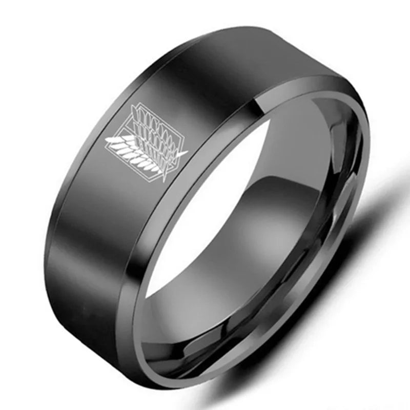 8mm Attack on Titan Stainless Steel Ring – Black & Silver Wings of Liberty Flag Jewelry