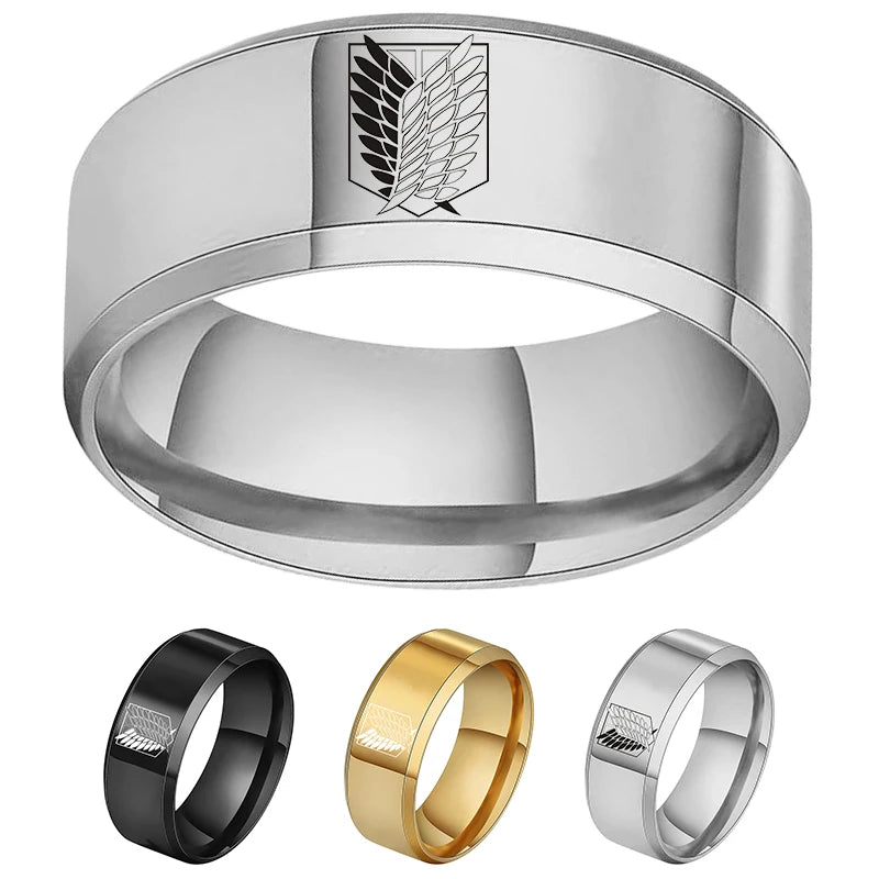 Attack on Titan Ring aus Edelstahl mit schwarzer Splitterfarbe und Freiheitsflagge