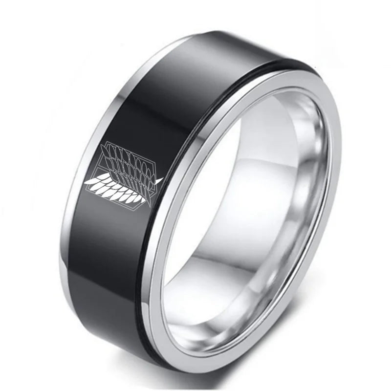8mm Attack on Titan Stainless Steel Ring – Black & Silver Wings of Liberty Flag Jewelry