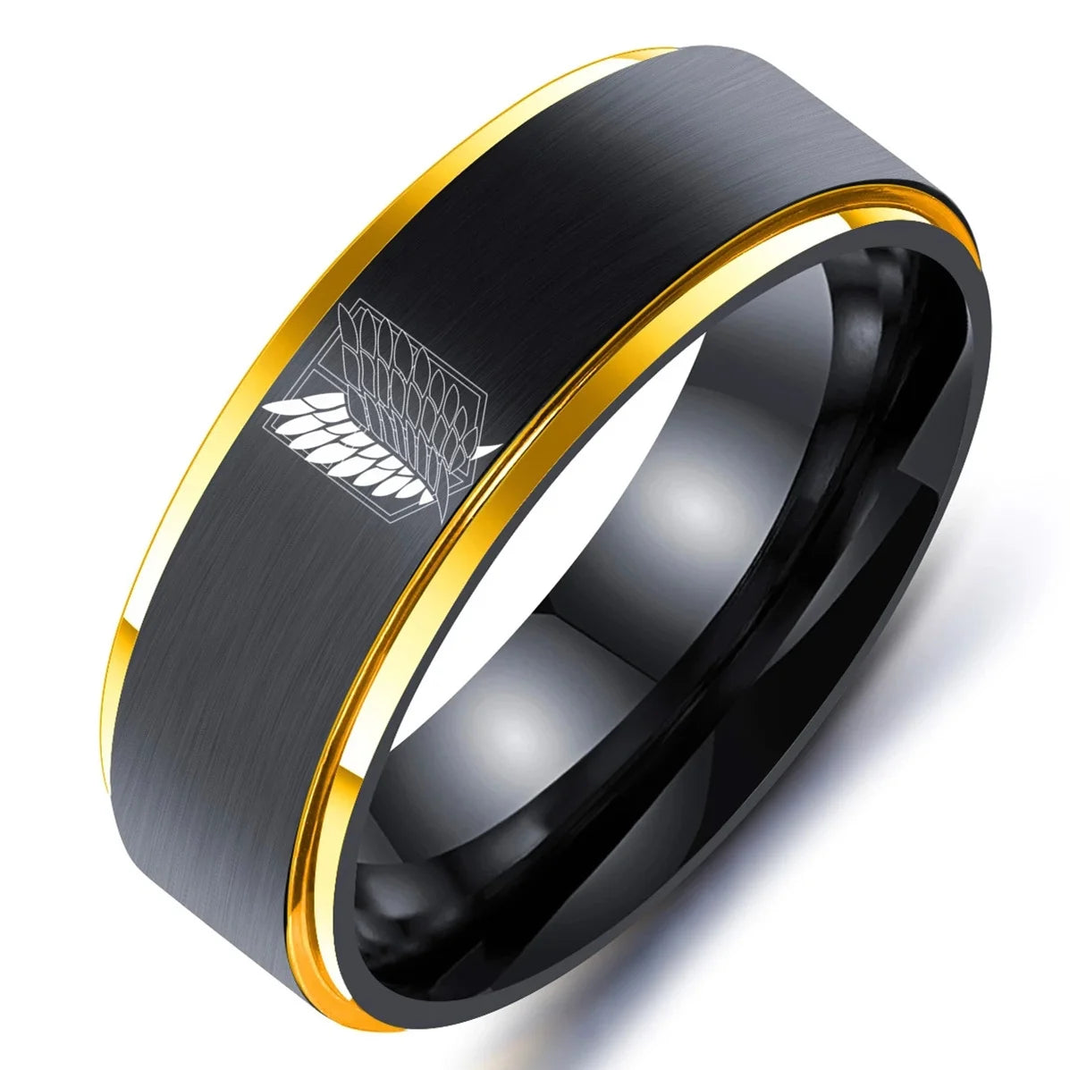 8mm Attack on Titan Stainless Steel Ring – Black & Silver Wings of Liberty Flag Jewelry