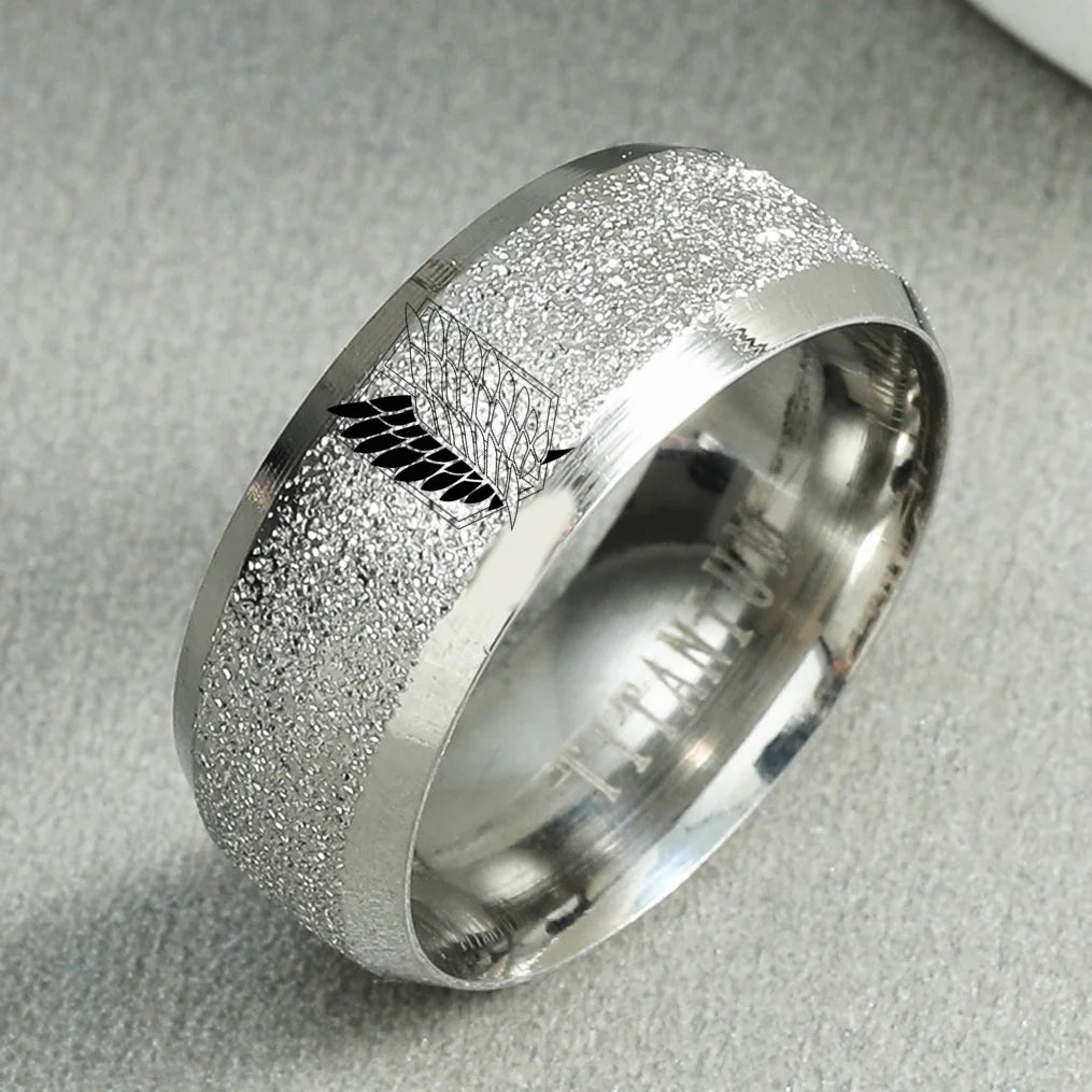 8mm Attack on Titan Stainless Steel Ring – Black & Silver Wings of Liberty Flag Jewelry