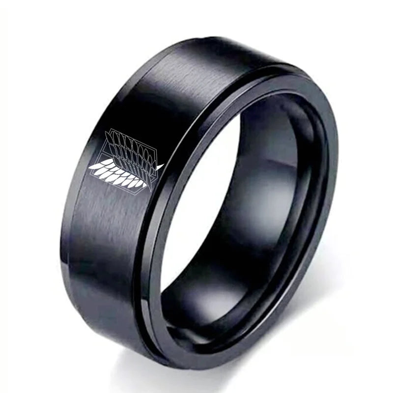 8mm Attack on Titan Stainless Steel Ring – Black & Silver Wings of Liberty Flag Jewelry