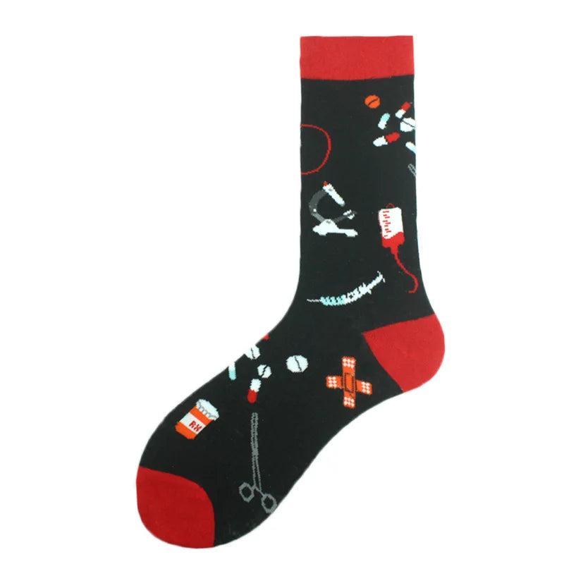 Fröhliche, lustige Unisex-Socken – Medizinische Zähne und Schafmuster, Hip-Hop-Skateboard-Stil