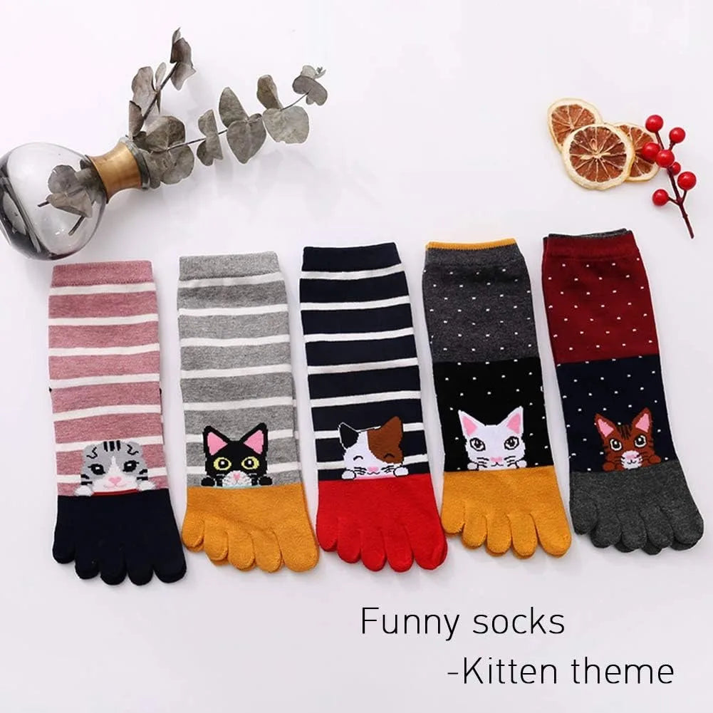 Süße Söckchen mit Katzen- und Hundemotiv für Damen, Baumwolle, für sportliches Laufen, Fünf-Finger-Design, auffälliges modisches Schuhwerk