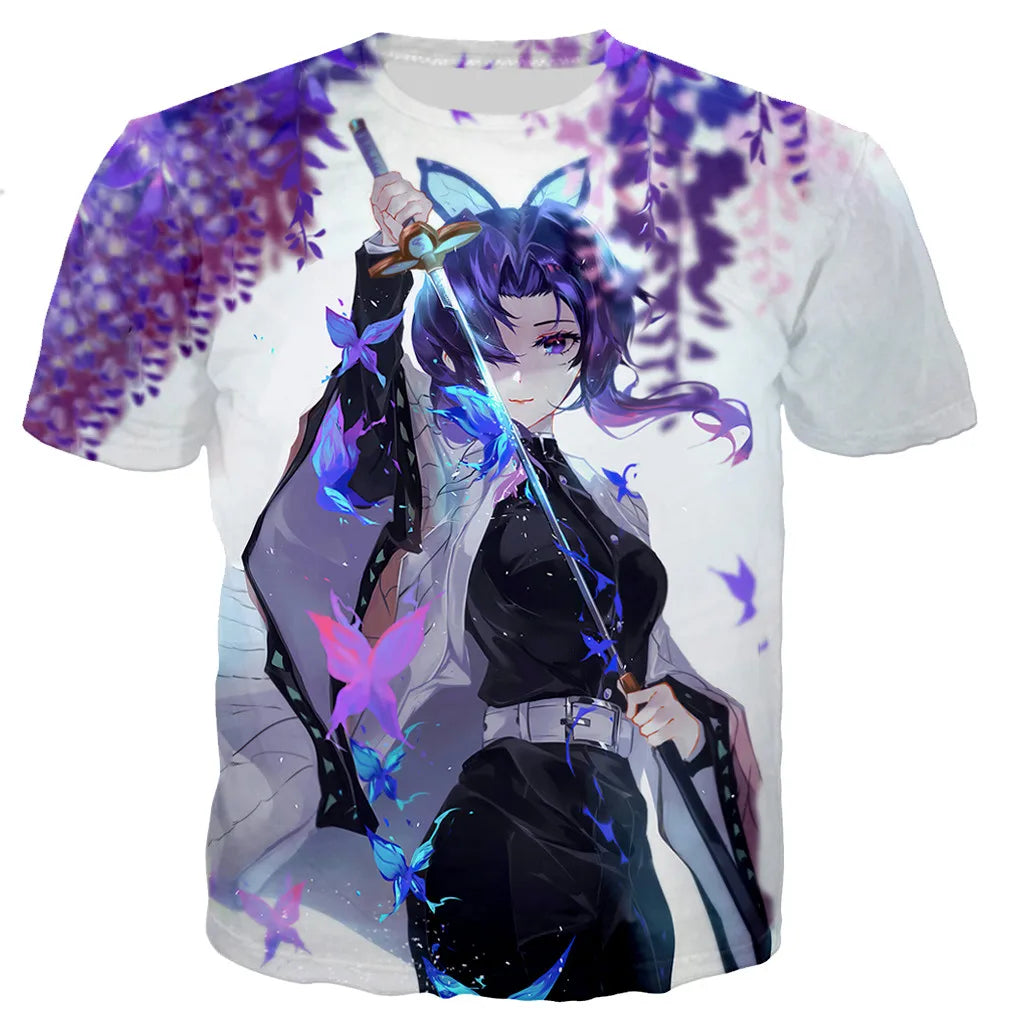 T-shirt imprimé en 3D Demon Slayer Kochou Shinobu unisexe style Harajuku