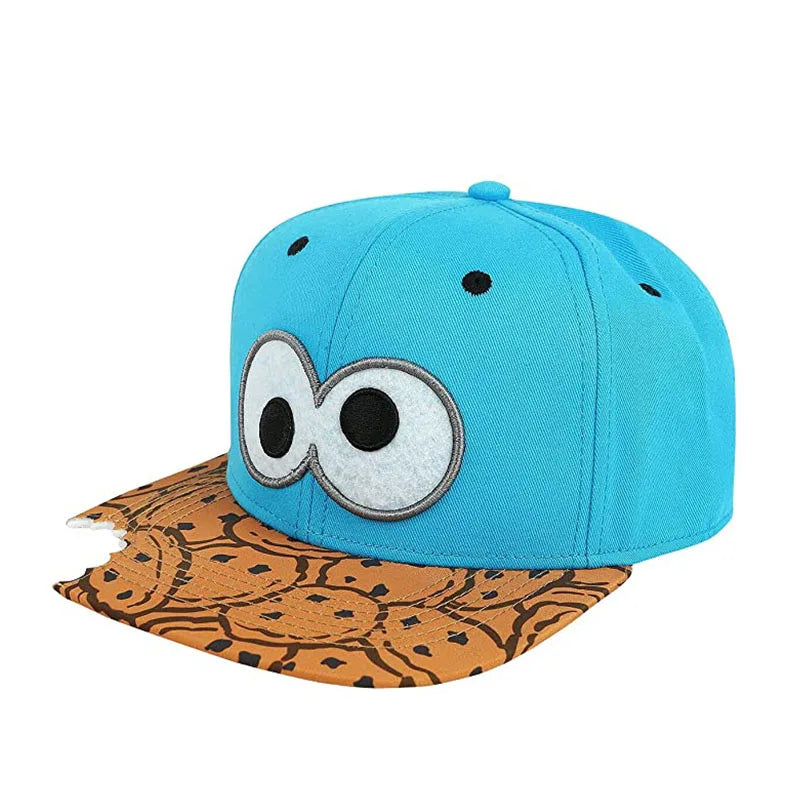 PANGKB Difuzed Cartoon Big Eyes Cookie Bite Snapback-Mütze – Verstellbare Outdoor-Sportkappe