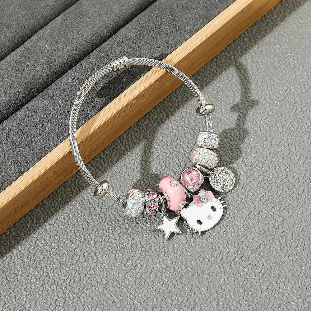 Bracelet pendentif en perles de dessin animé Hello Kitty couleur argent bijoux élégants courts pour filles cadeau
