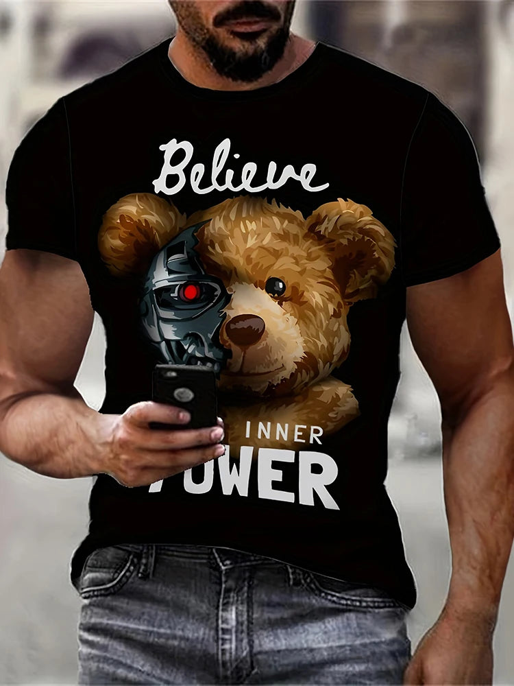 Hip-Hop Style Cartoon Bear Print T-Shirt Men’s Oversized Street Fashion Tee