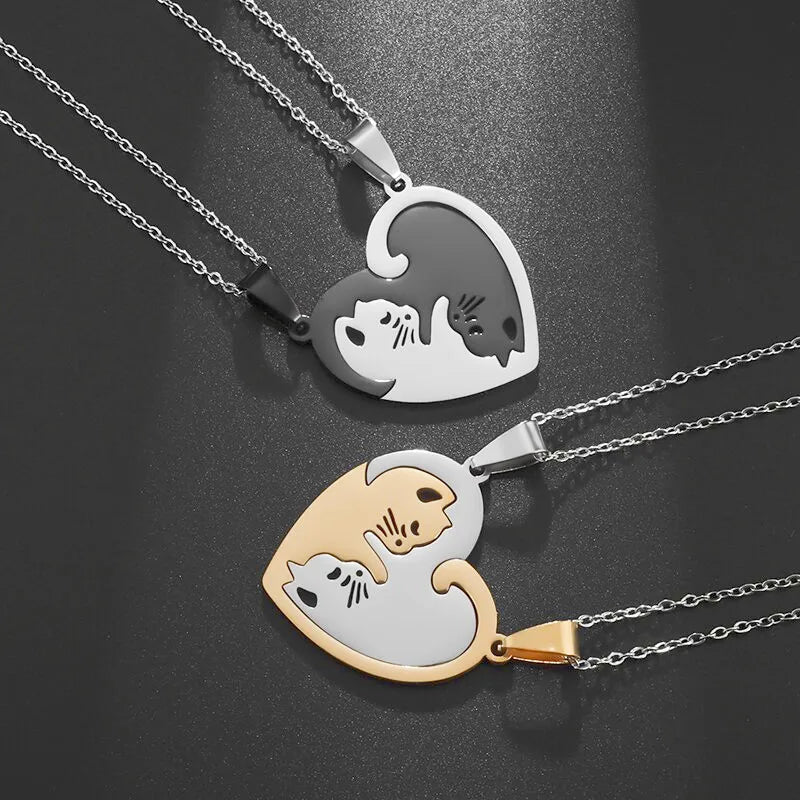 Hot Hug Love Pet Cat Couple Necklace – Stainless Steel BFF Pendant for Men & Women, Friendship Jewelry Gift