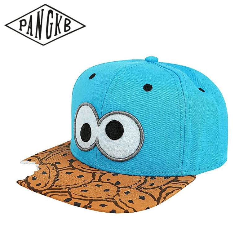 PANGKB Difuzed Cartoon Big Eyes Cookie Bite Snapback-Mütze – Verstellbare Outdoor-Sportkappe