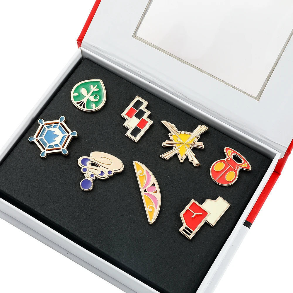 Pokémon League Gym Badges Set - Sinnoh, Johto, Indigo, Hoenn Regions | Metal Brooches & Figures Featuring Pikachu, Squirtle & More