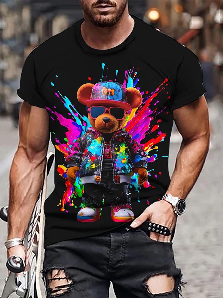 Hip-Hop Style Cartoon Bear Print T-Shirt Men’s Oversized Street Fashion Tee