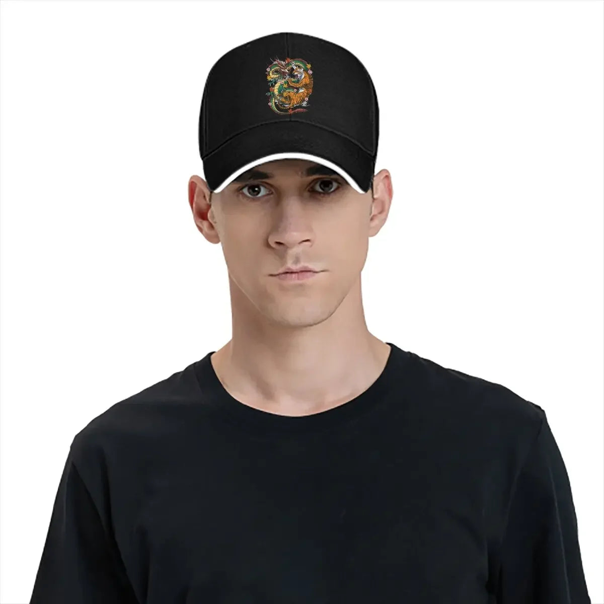 Pure Color Dad Hat – Japanische Drachen- und Tiger-Kampf-Baseballmütze mit YinYang-Design