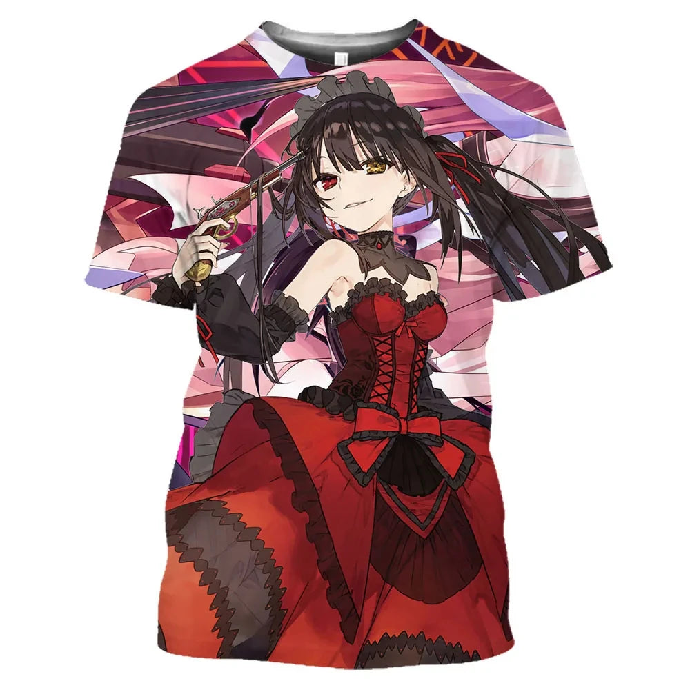 Anime Character Tokisaki Kurumi Print T-Shirt 3D Short Sleeve Summer Fashion Harajuku Style Cartoon Top for Men/Women Kids