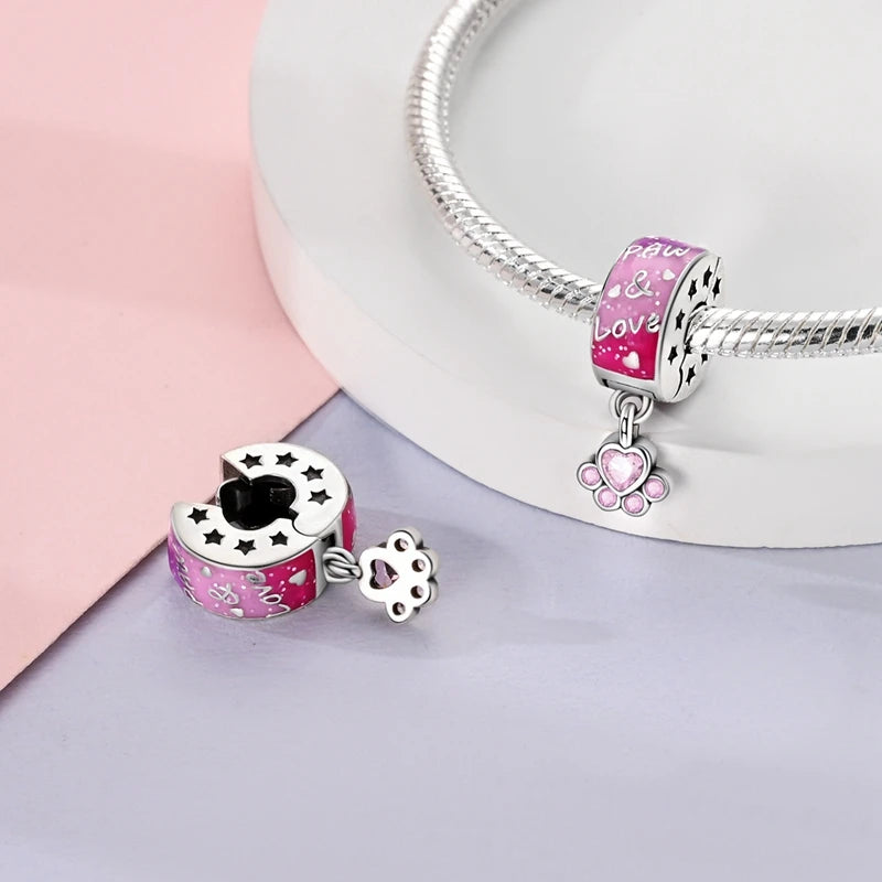 925 Sterling Silber Süßer Katzenanhänger – Pfotenabdruck-Perlenanhänger für selbstgemachte Armbänder