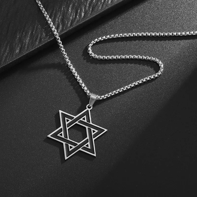 Retro Punk Solomon Seal Necklace – Hexagonal Stainless Steel Star of David Pendant for Men & Women