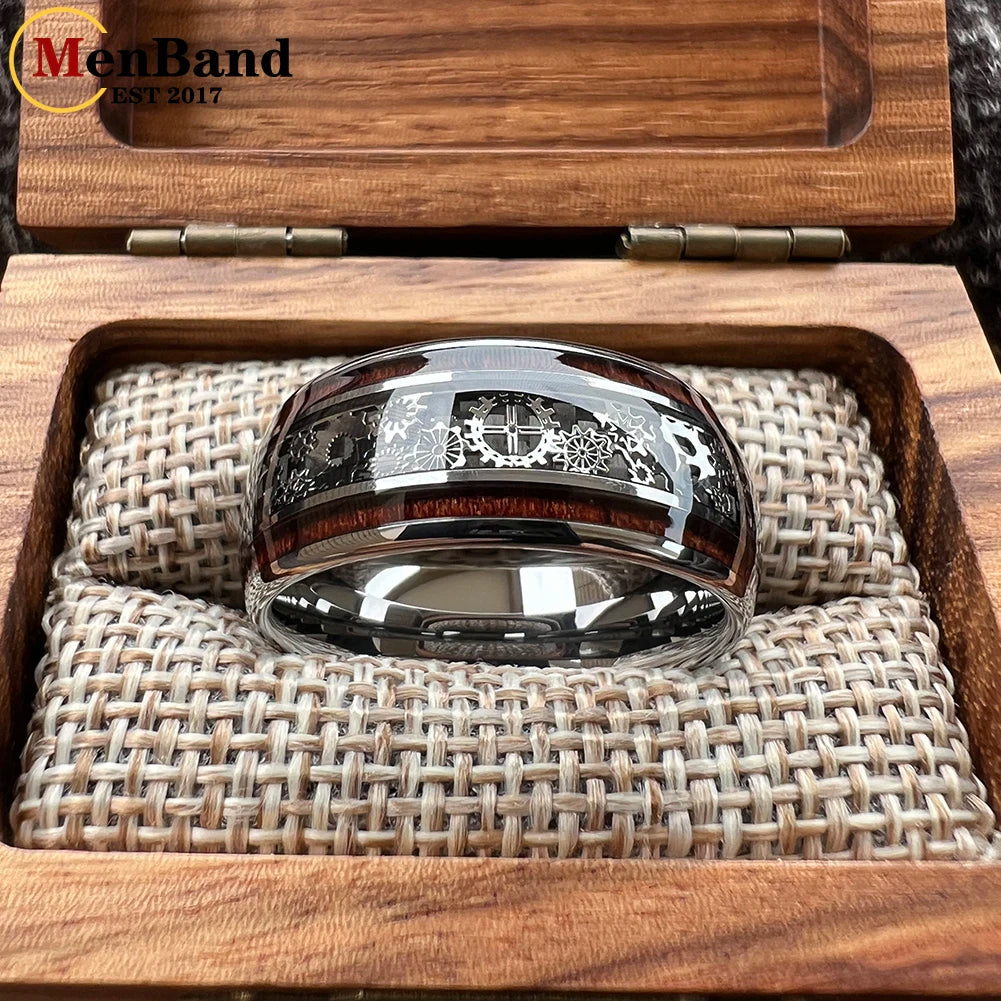 Bague dentée en tungstène de 10 mm – Alliance de mariage avec incrustations de bois bombées, coupe confortable pour hommes et femmes