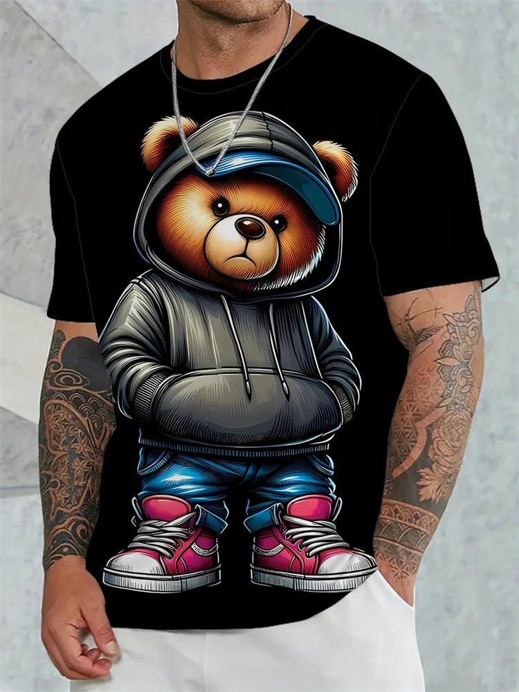 Hip-Hop Style Cartoon Bear Print T-Shirt Men’s Oversized Street Fashion Tee
