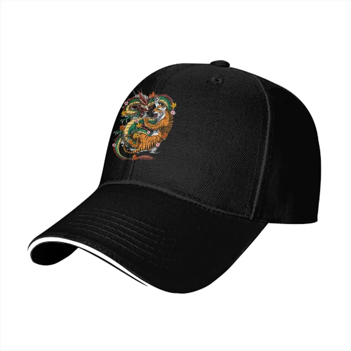 Pure Color Dad Hat – Japanische Drachen- und Tiger-Kampf-Baseballmütze mit YinYang-Design