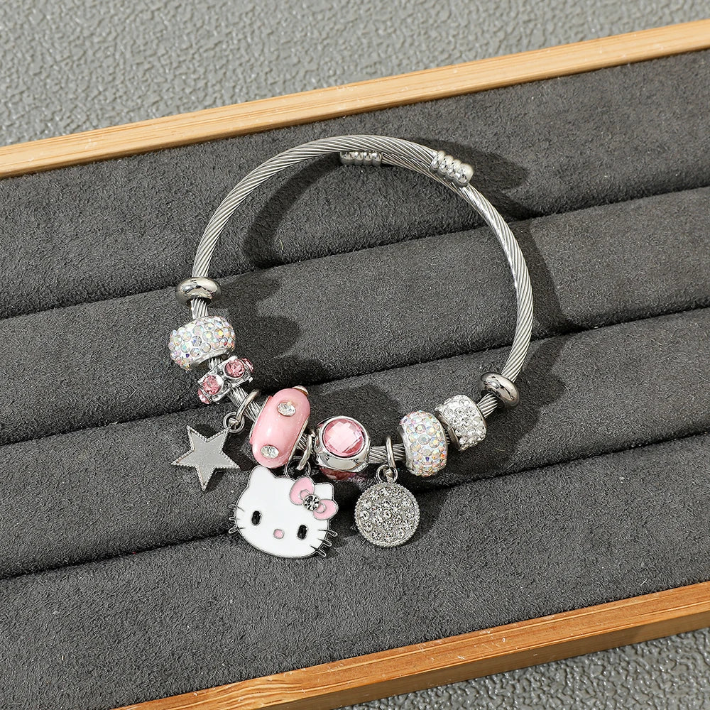 Anime Cartoon Hello Kitty Perlen Anhänger Armband Silber Farbe Kurz Stilvoller Schmuck für Mädchen Geschenk