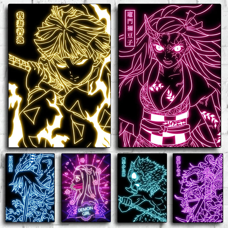 Neon-Stil Poster Leinwand Malerei Japan Anime Cartoon Figur Wandkunst für Wohnzimmer Home Decor ungerahmt
