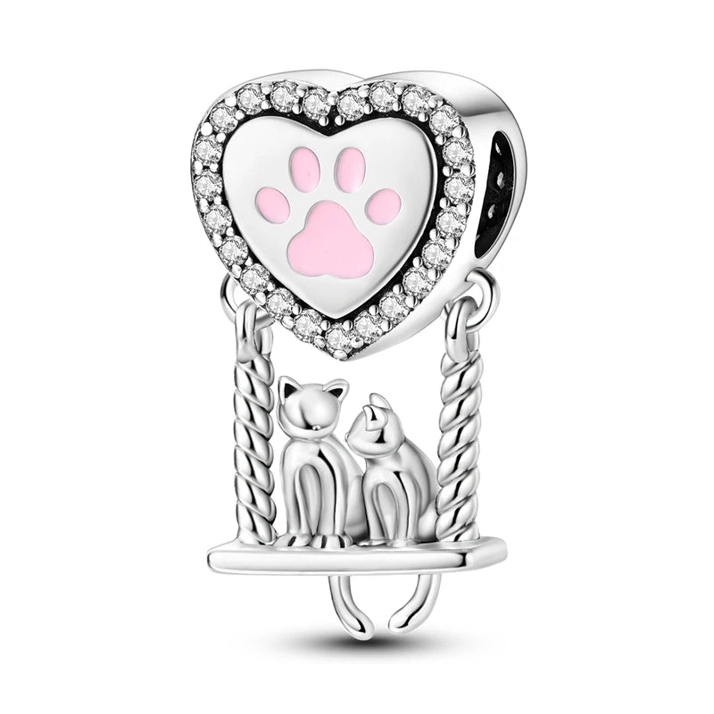 925 Sterling Silber Süßer Katzenanhänger – Pfotenabdruck-Perlenanhänger für selbstgemachte Armbänder