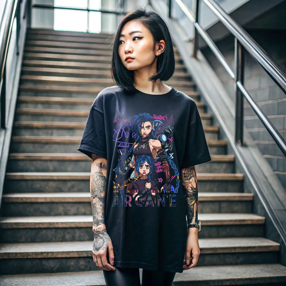 Jinx Arcane Black T-Shirt Japanese Anime Cartoon Design Short Sleeve for Men and Women Eye Catching