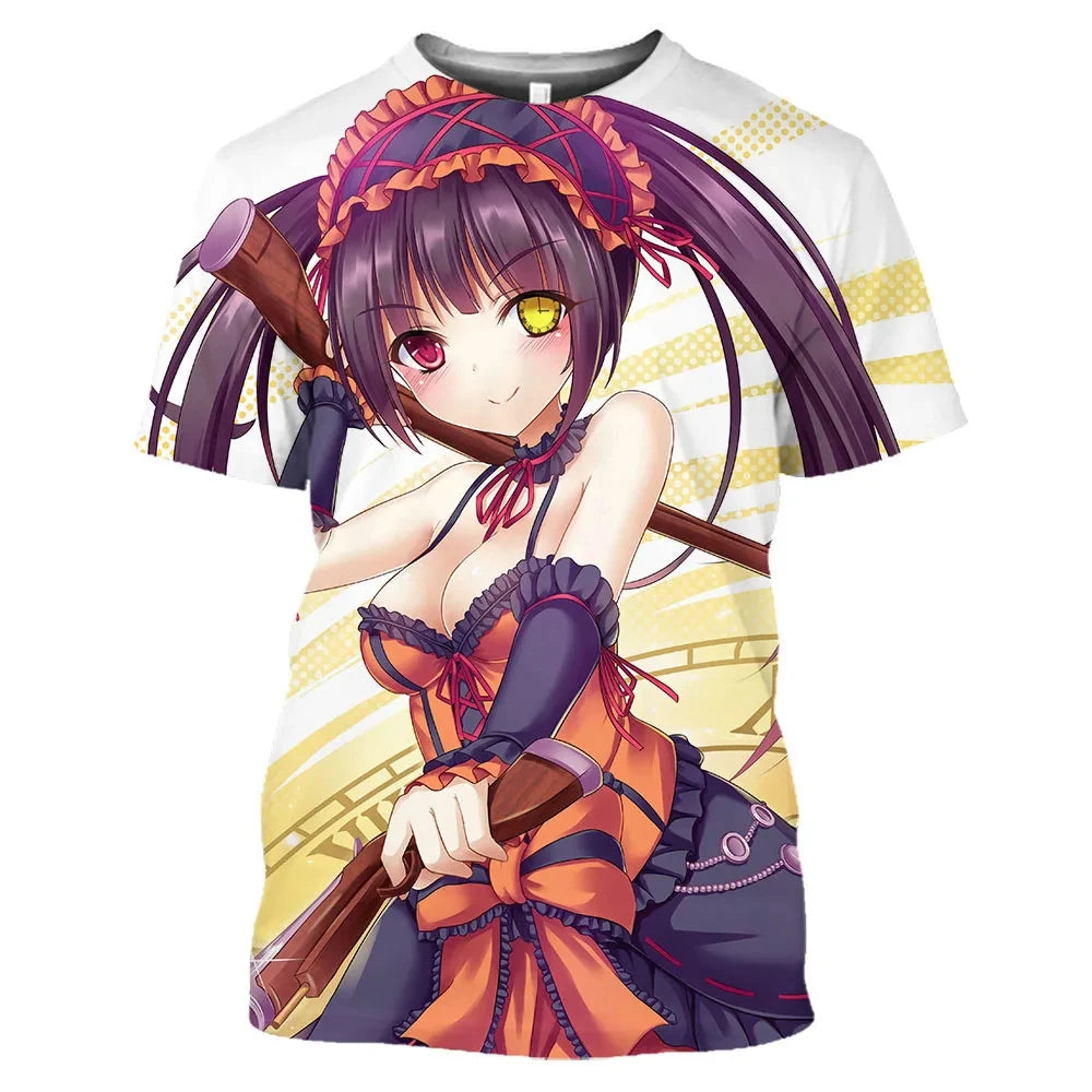 Anime Character Tokisaki Kurumi Print T-Shirt 3D Short Sleeve Summer Fashion Harajuku Style Cartoon Top for Men/Women Kids