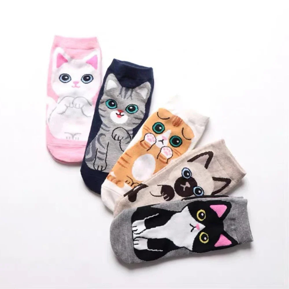 SHXI Damen-Söckchen mit Cartoon-Motiv, süße Katze, atmungsaktiv, bis zur Mitte der Wade, für die Freizeit und den kurzen Gebrauch