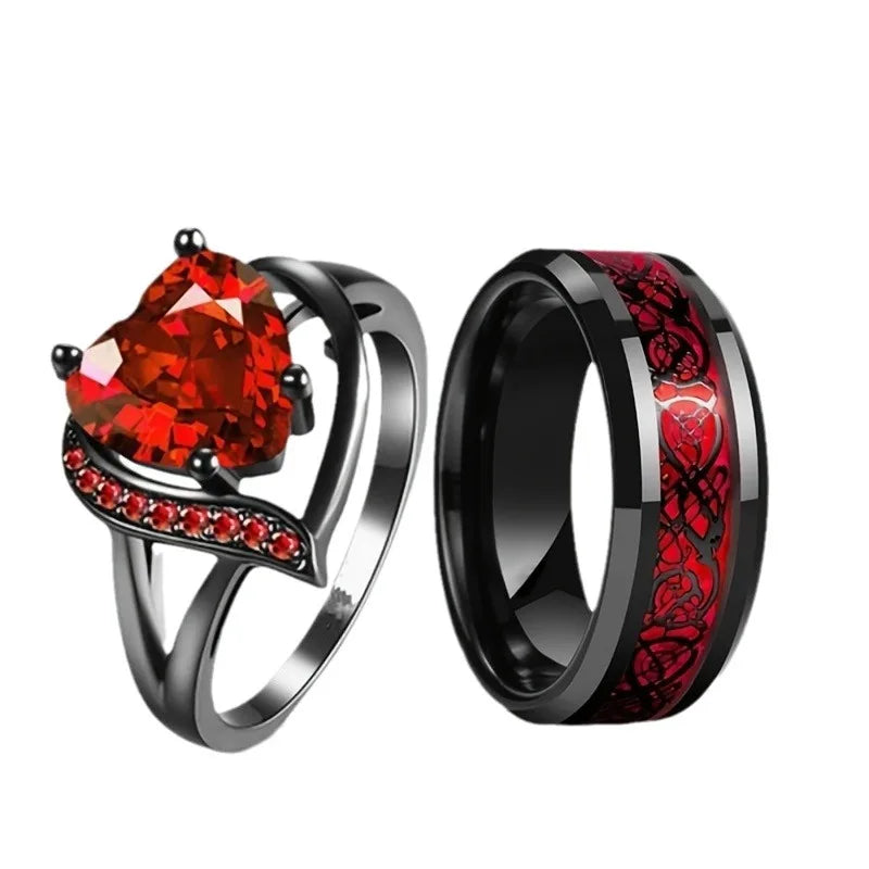 Keltische Drachenringe für Paare – Edelstahl für Männer und herzförmiger Ehering mit rotem Zirkon für Frauen | Schmuckset zum Valentinstag