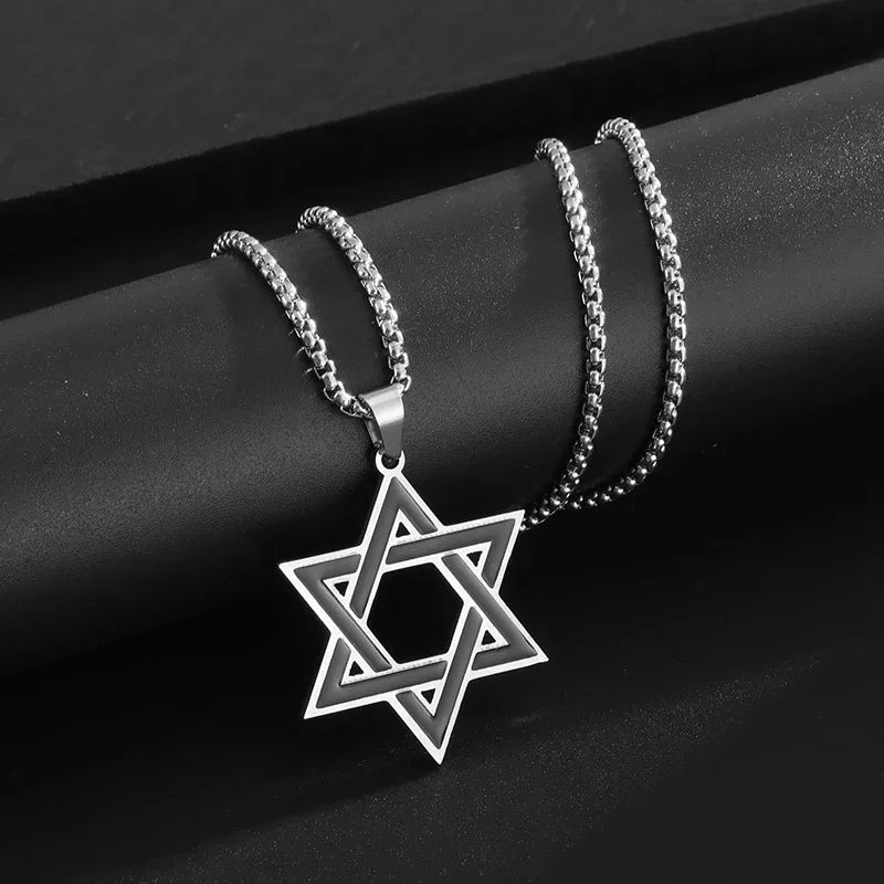 Retro Punk Solomon Seal Necklace – Hexagonal Stainless Steel Star of David Pendant for Men & Women