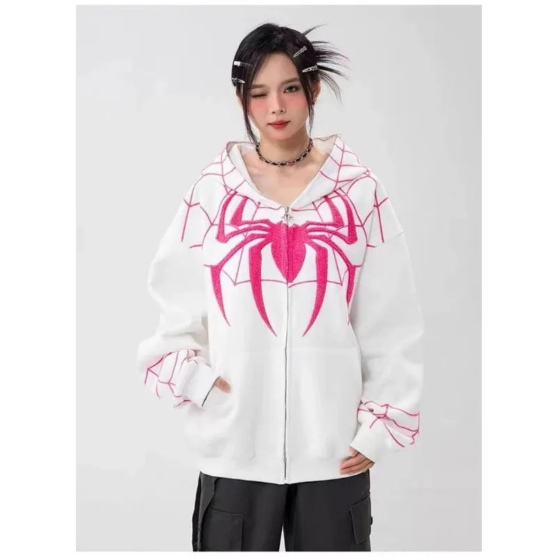 Gothic Y2K Spider Bestickter Reißverschluss-Kapuzenpullover – Übergroßes Harajuku Hip Hop Sweatshirt für Männer & Frauen