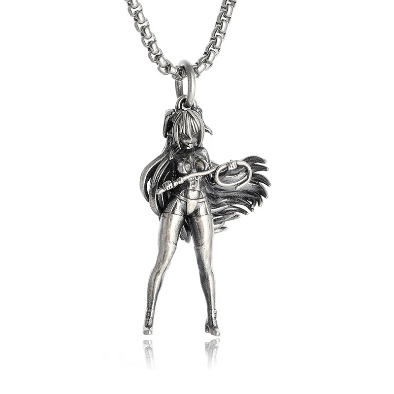 Versilberte Halskette mit Anime-Mecha-Girl-Anhänger – trendiger Hip-Hop-Rock-Punk-Schmuck für Männer und Frauen | Geschenkidee