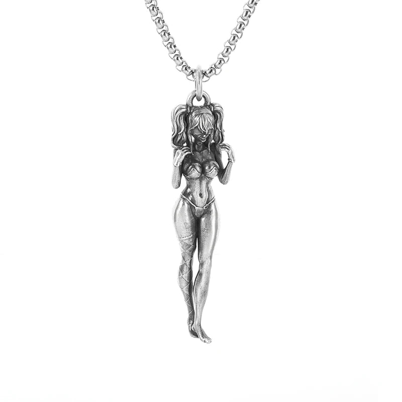 Collier avec pendentif en forme de fille Mecha en plaqué argent - Bijoux tendance hip-hop rock punk pour hommes et femmes | Idée cadeau