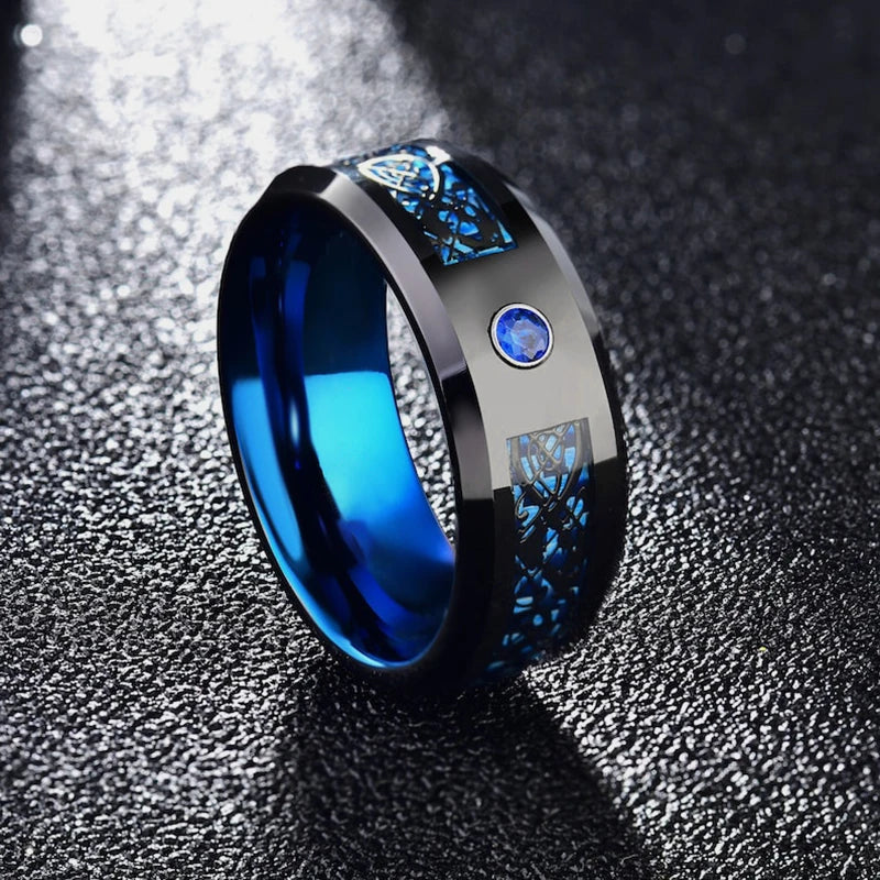8-mm-Ring aus Wolframkarbid – Blaue Kohlefaser mit Zirkonia und Drachenmuster für Hochzeit, Verlobung und den Alltag