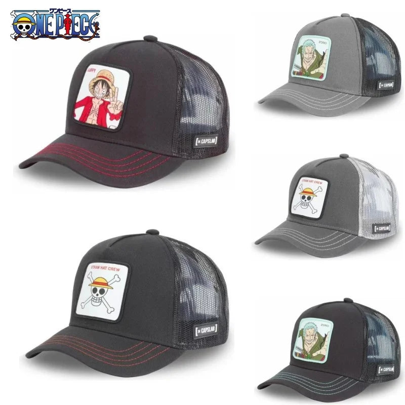 Hochwertige One Piece Anime-Baseballkappe – Luffy & Zoro, verstellbare Trucker-Mütze aus Baumwollnetz für Männer und Frauen