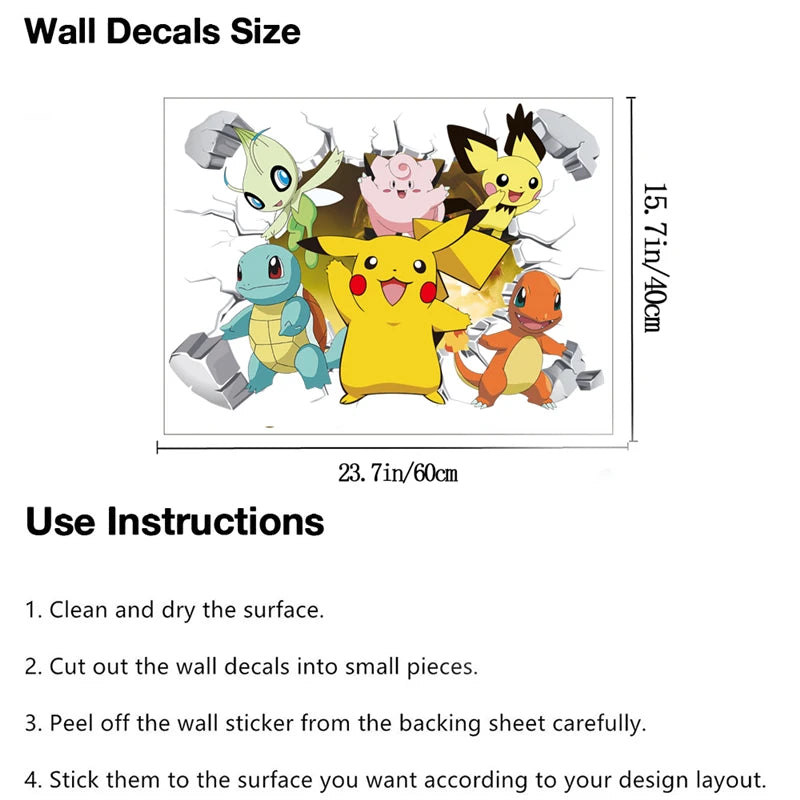 Cartoon Pikachu Wandaufkleber für Kinder DIY Wanddekoration Animiertes Poster