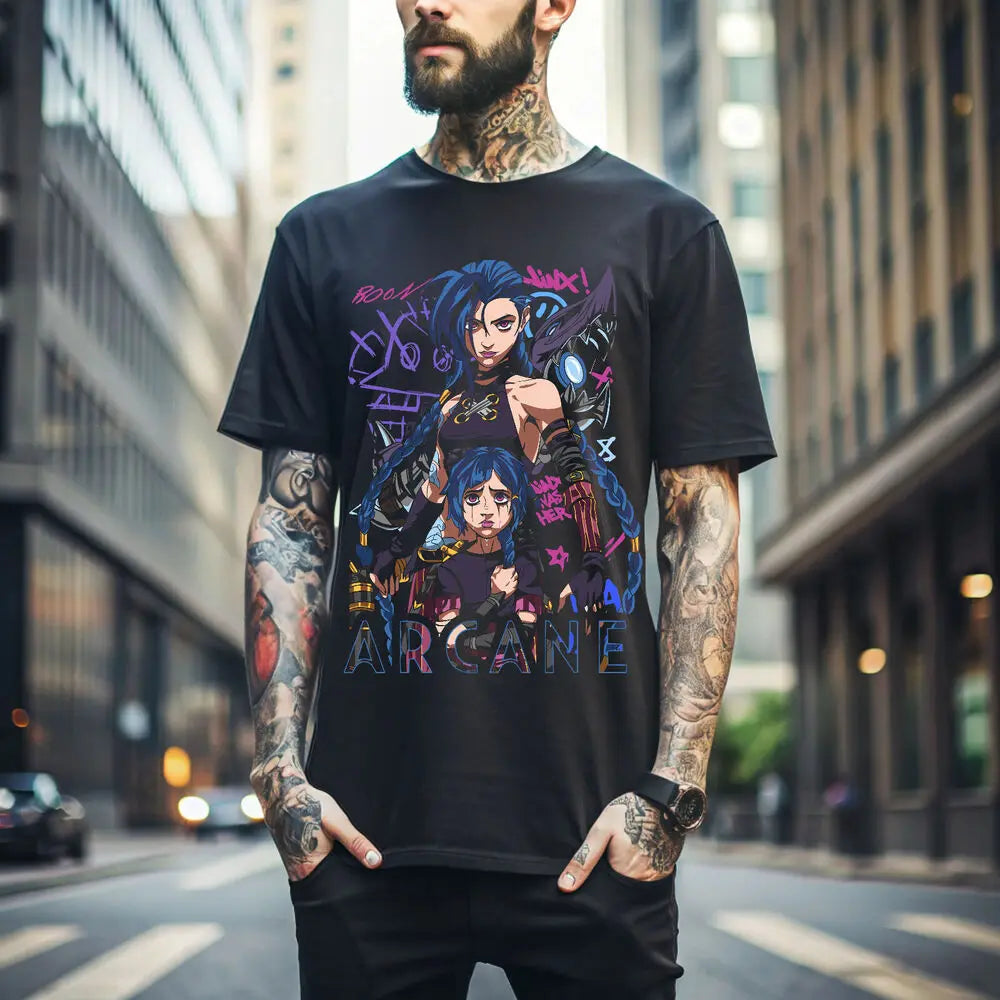 Jinx Arcane Black T-Shirt Japanese Anime Cartoon Design Short Sleeve for Men and Women Eye Catching