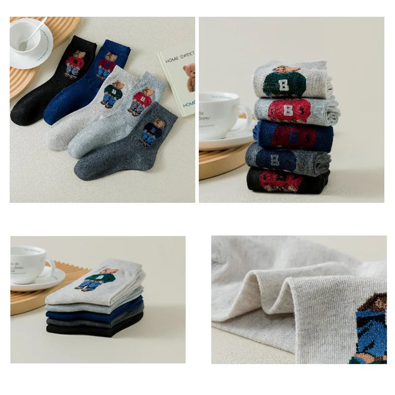 Lot de 5 paires de chaussettes en coton à motif d'ours de dessin animé - Style skateboard Harajuku confortable