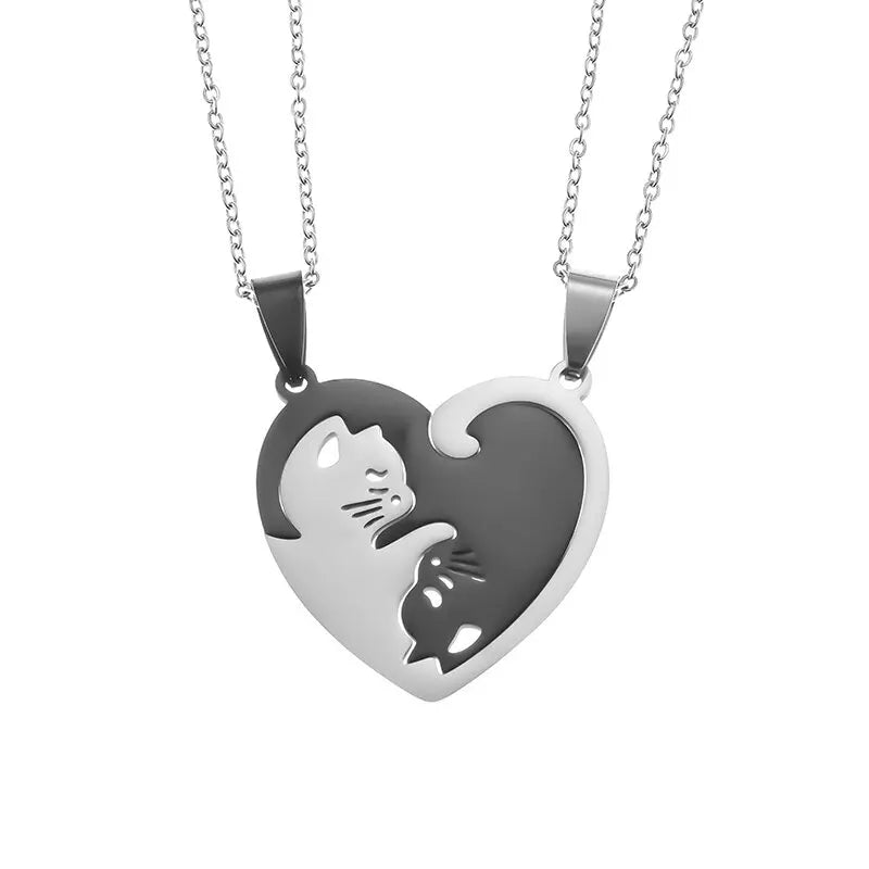 Hot Hug Love Pet Cat Couple Necklace – Stainless Steel BFF Pendant for Men & Women, Friendship Jewelry Gift