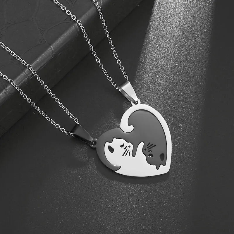 Hot Hug Love Pet Cat Couple Necklace – Stainless Steel BFF Pendant for Men & Women, Friendship Jewelry Gift