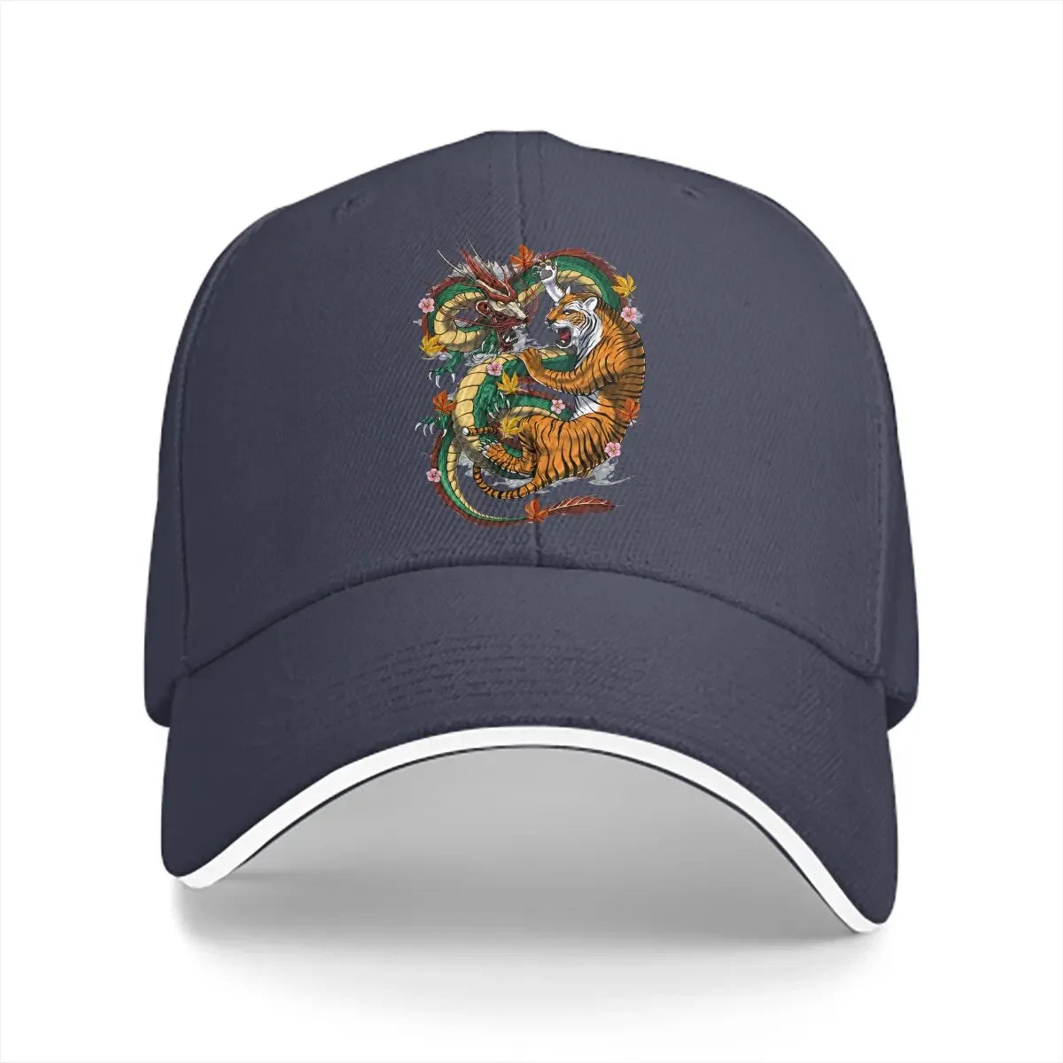 Pure Color Dad Hat – Japanische Drachen- und Tiger-Kampf-Baseballmütze mit YinYang-Design