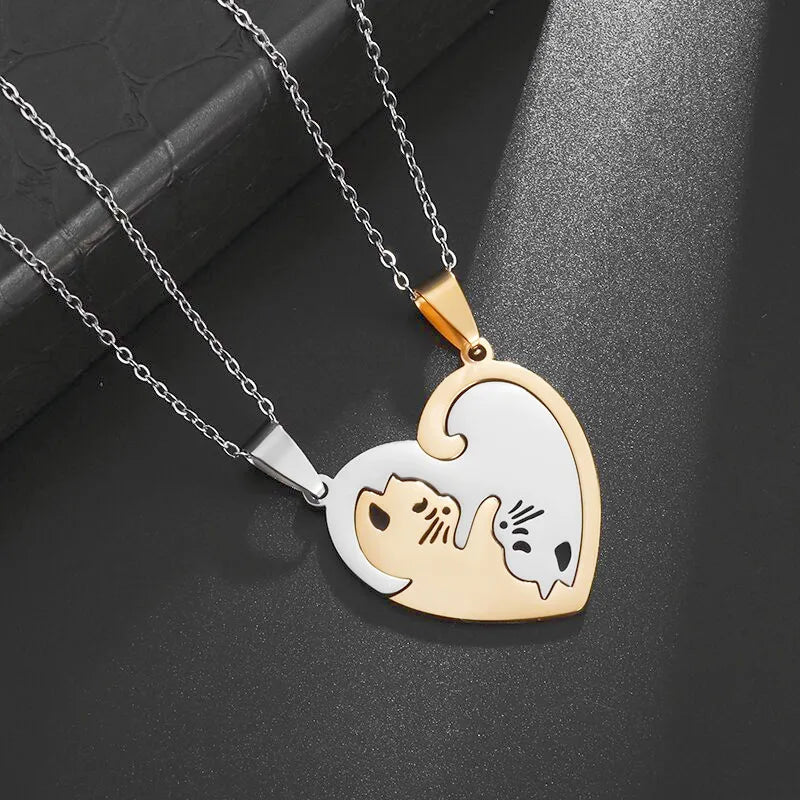 Hot Hug Love Pet Cat Couple Necklace – Stainless Steel BFF Pendant for Men & Women, Friendship Jewelry Gift