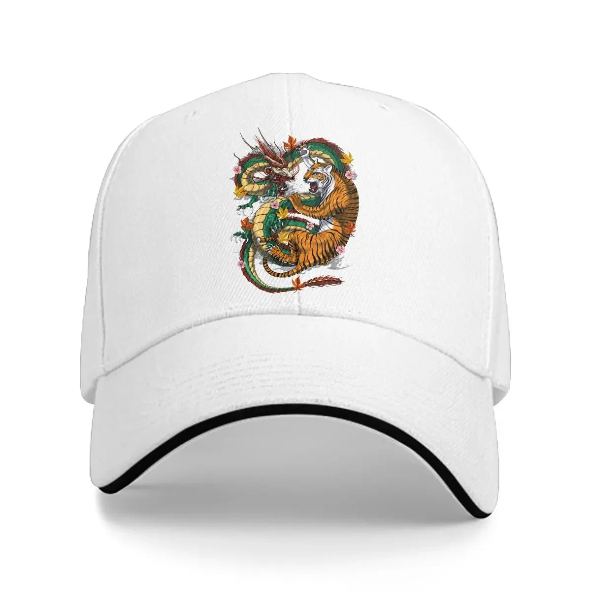 Pure Color Dad Hat – Japanische Drachen- und Tiger-Kampf-Baseballmütze mit YinYang-Design