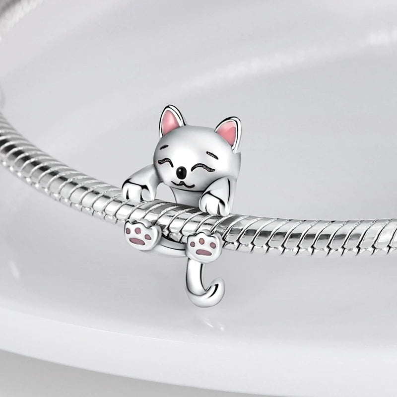 925 Sterling Silber Süßer Katzenanhänger – Pfotenabdruck-Perlenanhänger für selbstgemachte Armbänder