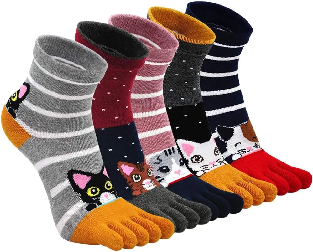 Süße Söckchen mit Katzen- und Hundemotiv für Damen, Baumwolle, für sportliches Laufen, Fünf-Finger-Design, auffälliges modisches Schuhwerk