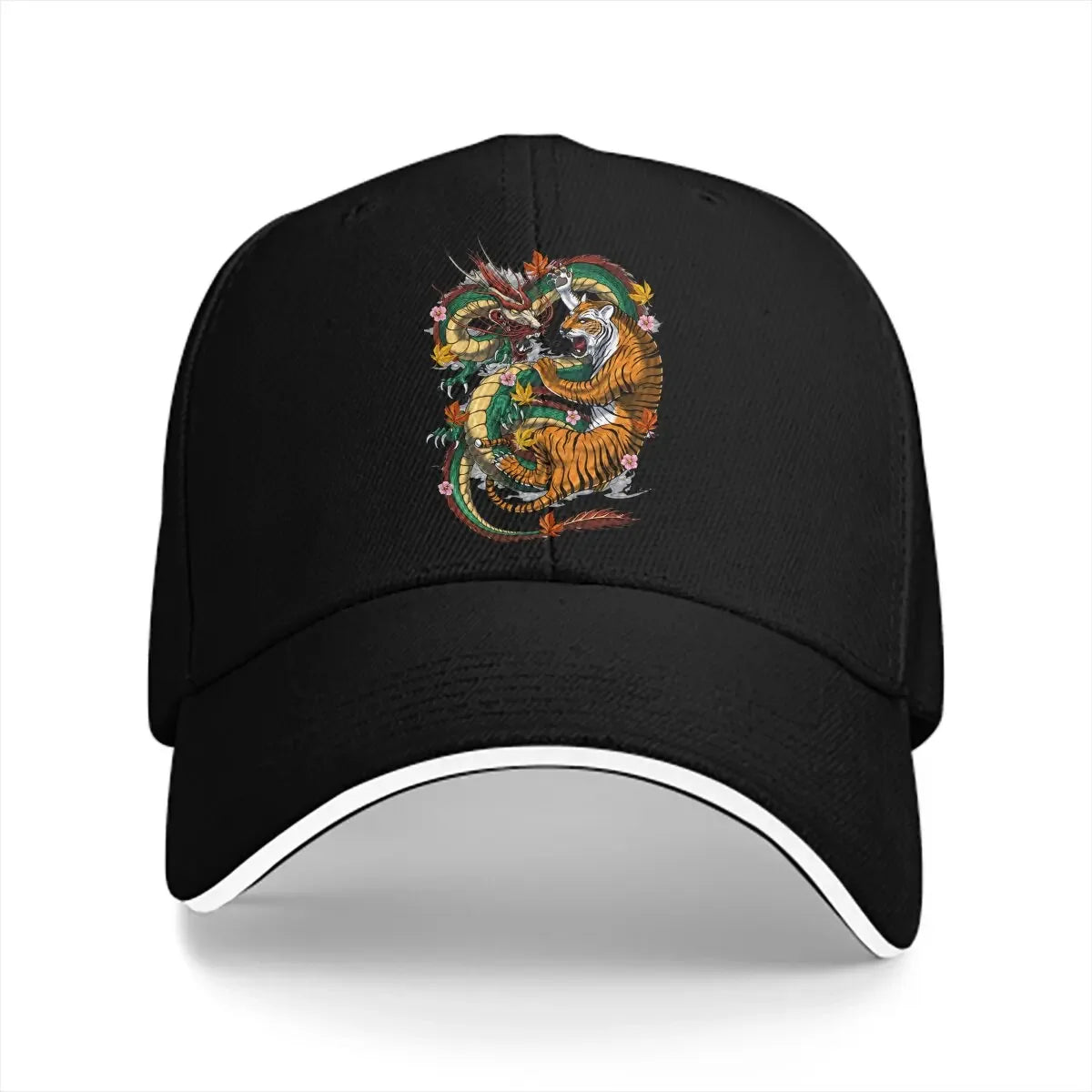 Pure Color Dad Hat – Japanische Drachen- und Tiger-Kampf-Baseballmütze mit YinYang-Design